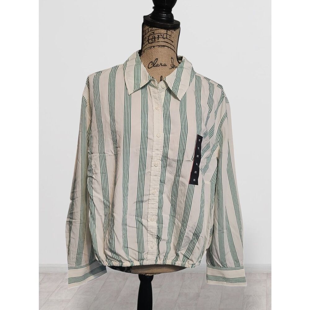 Future Collective Striped Button-Up Shirt in Cream & Green Sz 1X